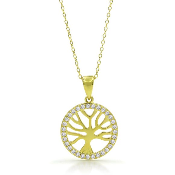 925 Sterling Silver Gold Plated Tree of Life Halo Disc Pendant Necklace - Picture 3 of 3